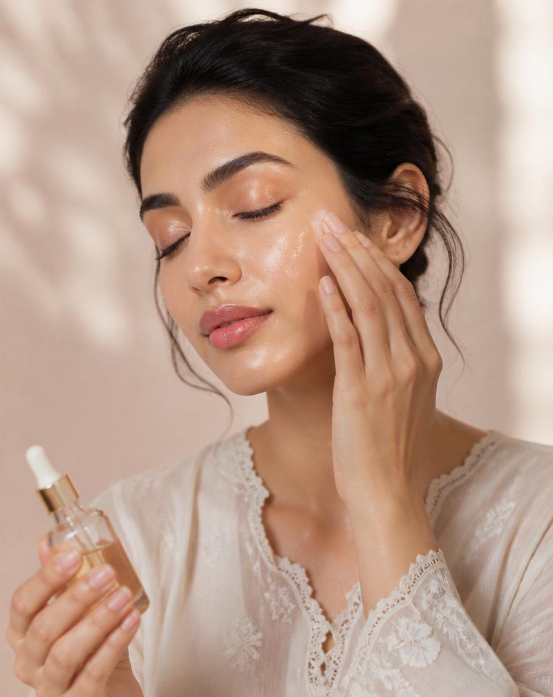 Woman applying Ammore Care vitamin C serum — glowing skin routine in Pakistan